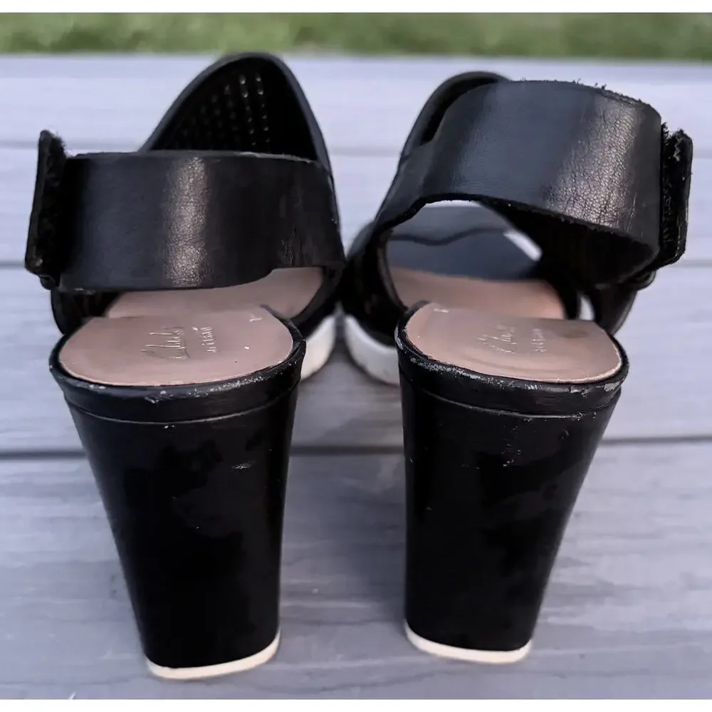 Clarks Pastina Malory Sling Back Leather Block Heel Black Size 8.5M Vacation GUC